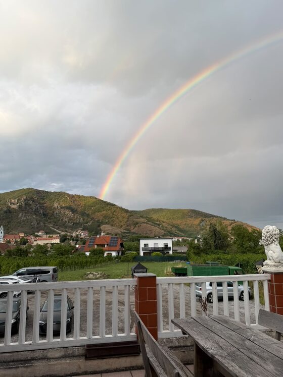 Regenbogen über den Weinbergen, vorne ein Holztisch und eine steinerne Löwenfigur am weißen Terrassengeländer